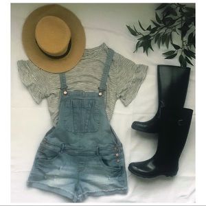 American Rag Distressed Denim Overall Shorts.